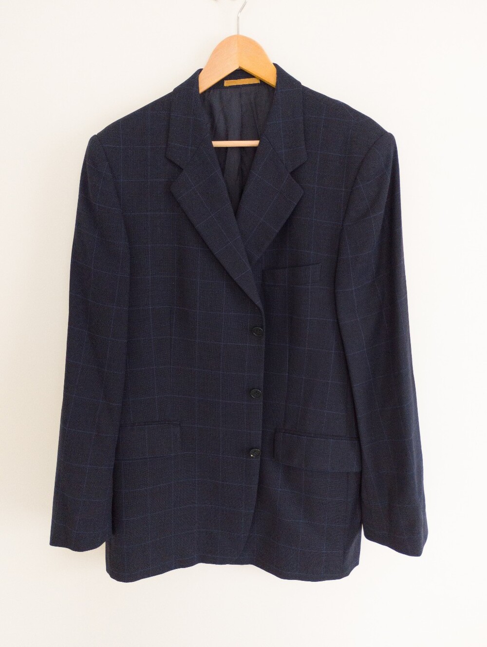 VTG Yves Saint Laurent Pour Homme Navy Wool Windowpane Blazer Jacket 49 39R